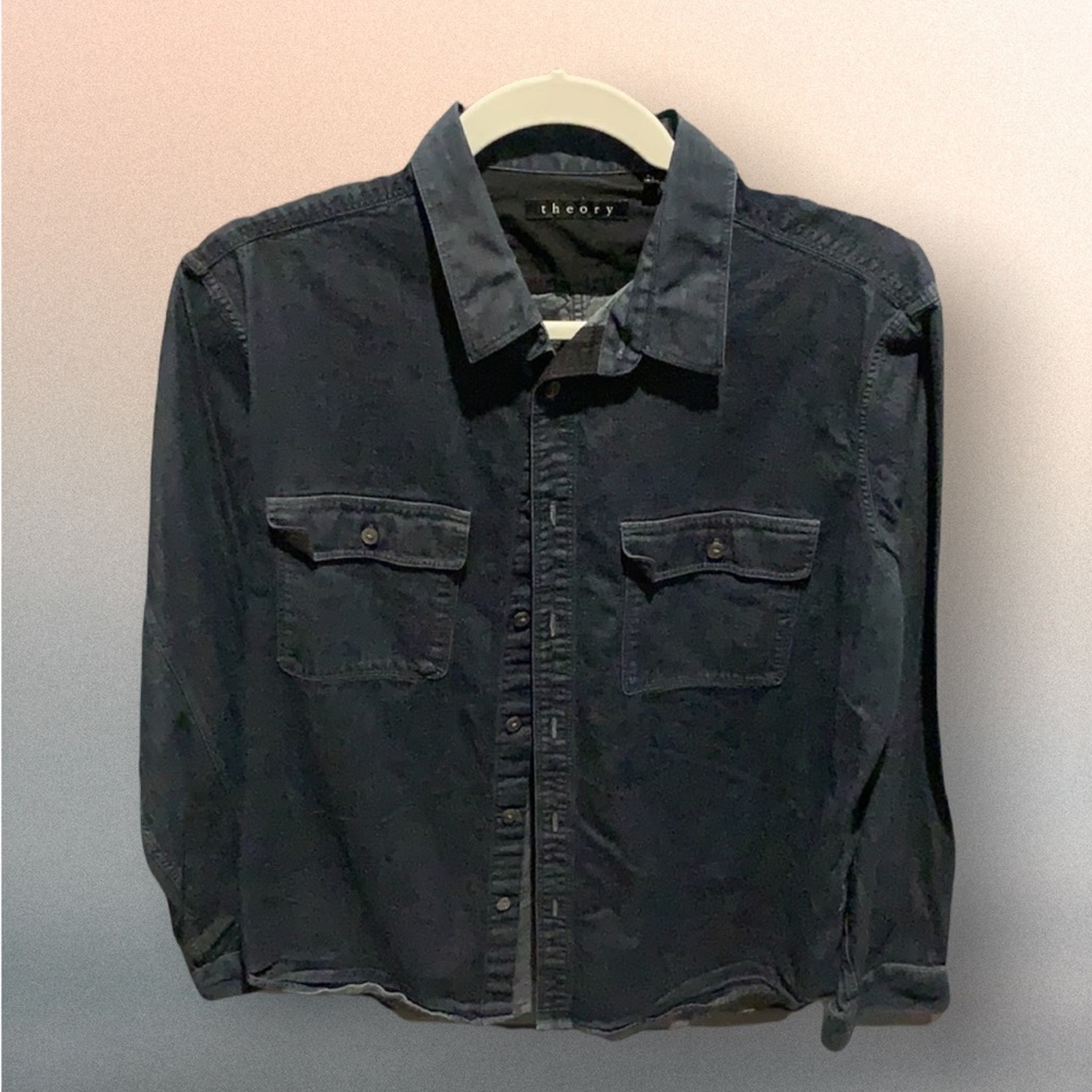 Theory Men’s Dark Indigo Denim Button Down Casual Jean Shirt Sz LG